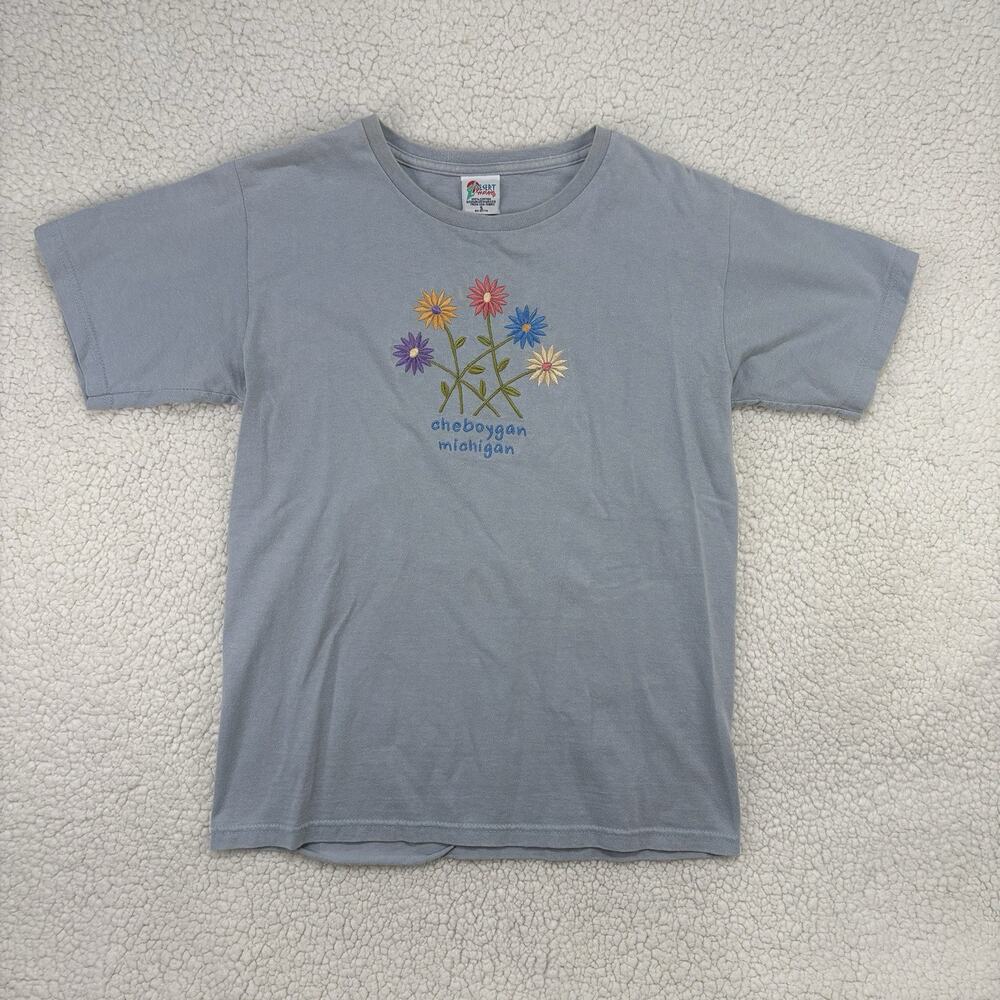Vintage Desert Heat Embroidered Flowers Cheboygan Michigan T Shirt Womens Small